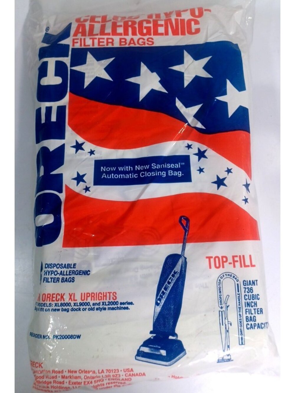 NEW Oreck PK20008DW Celoc Hypo Allergenic Top Fill Bags 8pk for XL2000/8000/9000